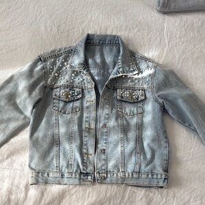 Women's Light Blue Denim Jacket with Pearl Accents